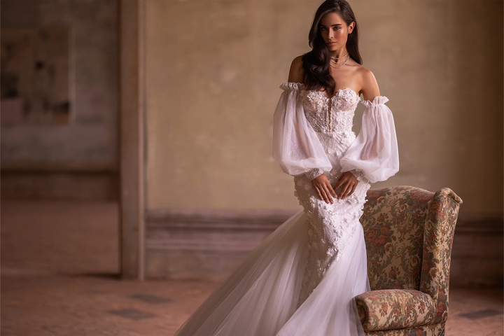 Ivory Tulle Mermaid Wedding Dress with Sheer Flower Patches and Convertible Puff Sleeves – Strapless Wedding Gown with Sheer Train Plus Size