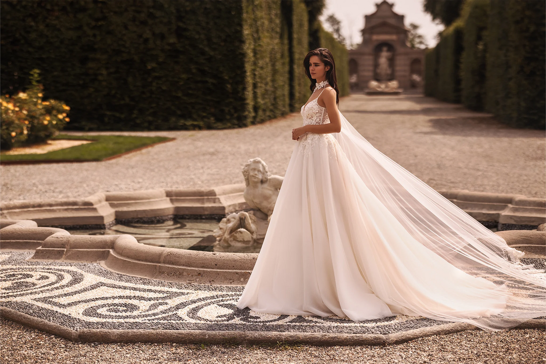 Ivory A-Line Wedding Dress with Floral Guipure Bodice and Sheer Skirt – Spaghetti Strap Wedding Gown with Flowing Veil Plus Size
