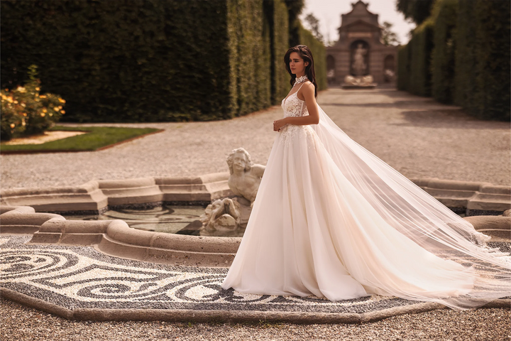 Ivory A-Line Wedding Dress with Floral Guipure Bodice and Sheer Skirt – Spaghetti Strap Wedding Gown with Flowing Veil Plus Size