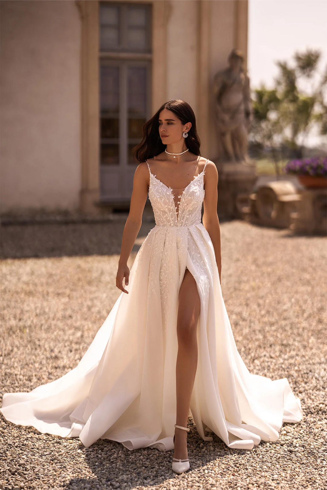 Ivory Satin Wedding Dress with V-Neck and High Thigh Slit – Spaghetti Strap Wedding Gown with Sparkling Detailing Plus Size
