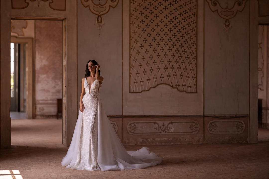 Ivory Mermaid Wedding Dress Beaded with Deep V-Neckline and Bow Detail – Convertible Wedding Gown with Sequin Plus Size