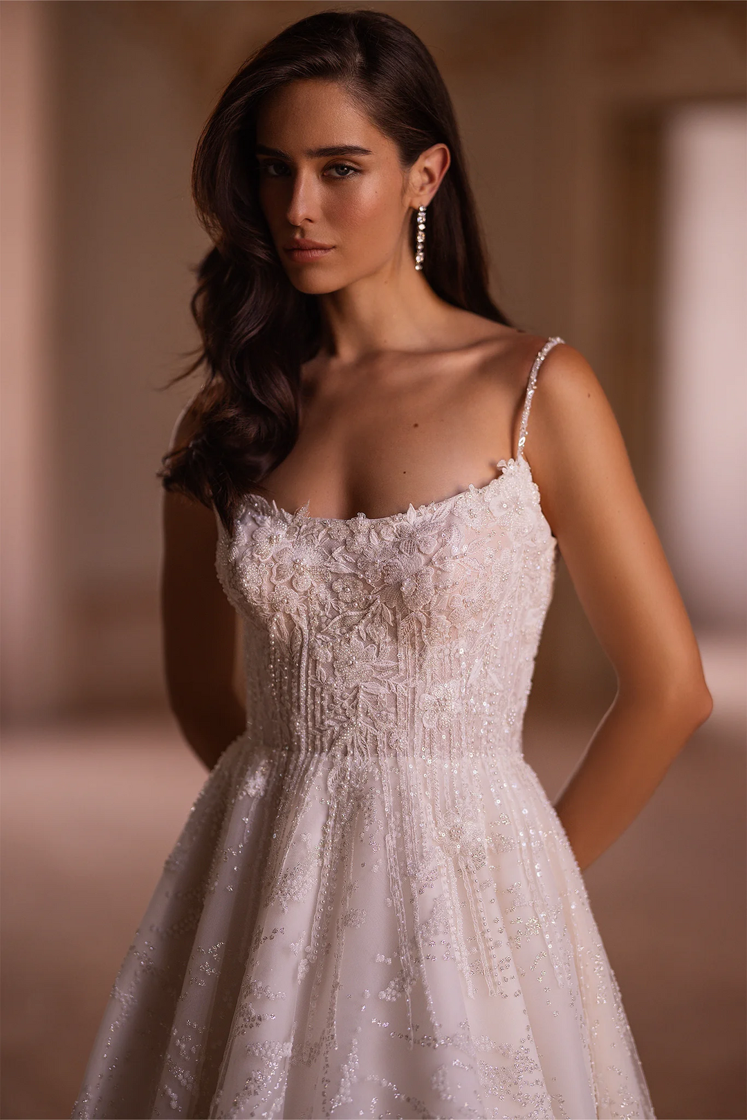 Ivory A-Line Wedding Dress with Floral Guipure Bodice – A-Line Spaghetti Strap Wedding dress with Floral Train Plus Size