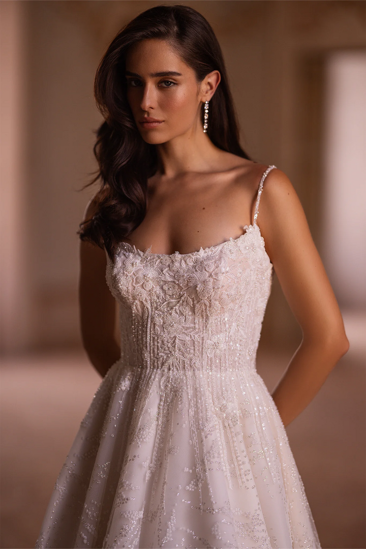 Ivory A-Line Wedding Dress with Floral Guipure Bodice – A-Line Spaghetti Strap Wedding dress with Floral Train Plus Size