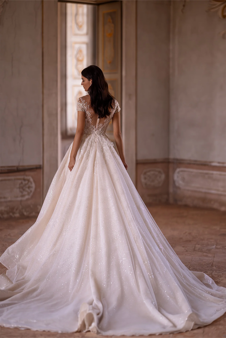 Ivory Sparkly Ball Gown Wedding Dress with Embellishments – Off-Shoulder Wedding Gown with Illusion Back and Jeweled Sleeves Plus Size