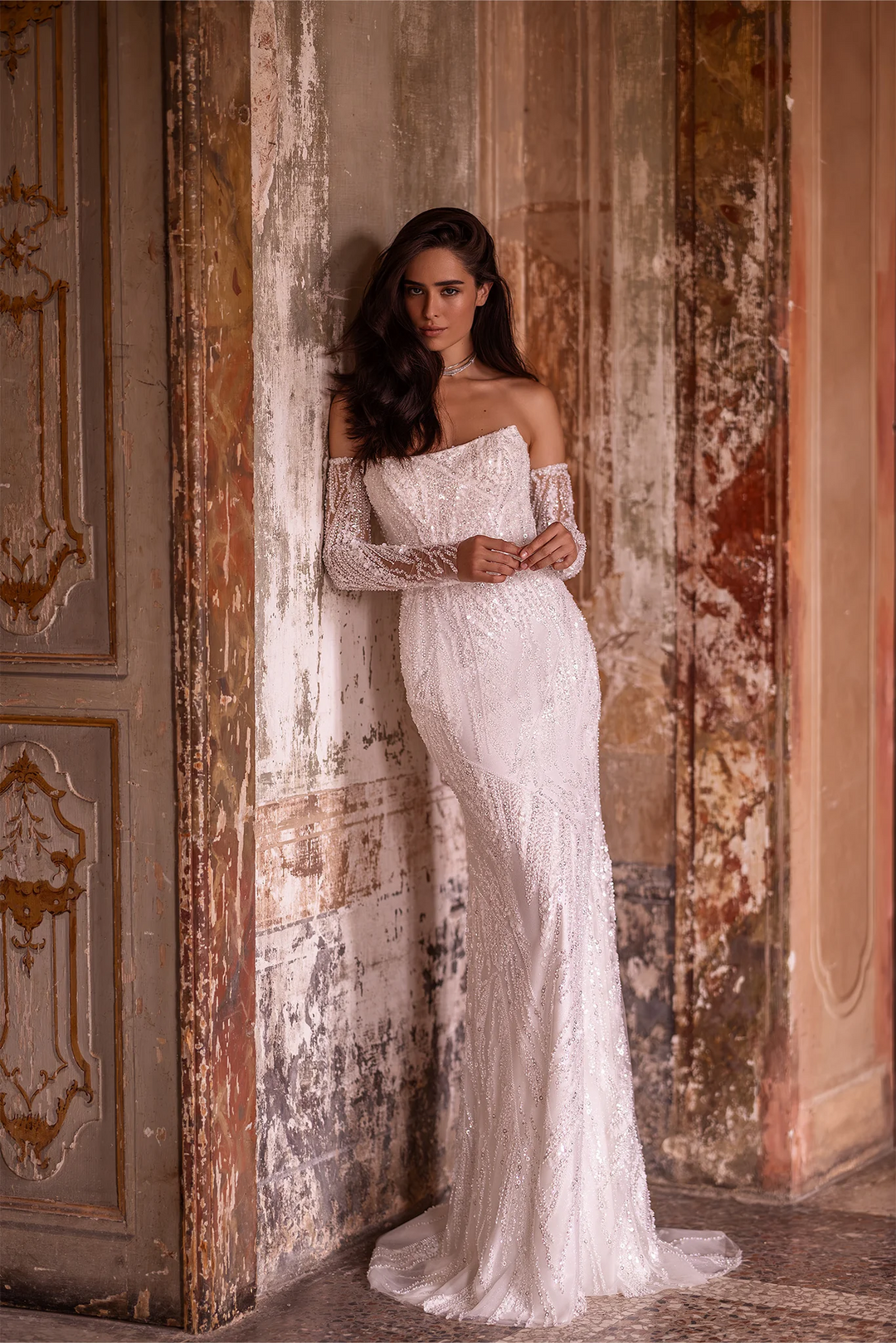 Ivory Tulle Mermaid Wedding Dress with Sparkling Embellishments – Off-Shoulder Wedding Gown with Sheer Train and Detachable Sleeves Plus Size