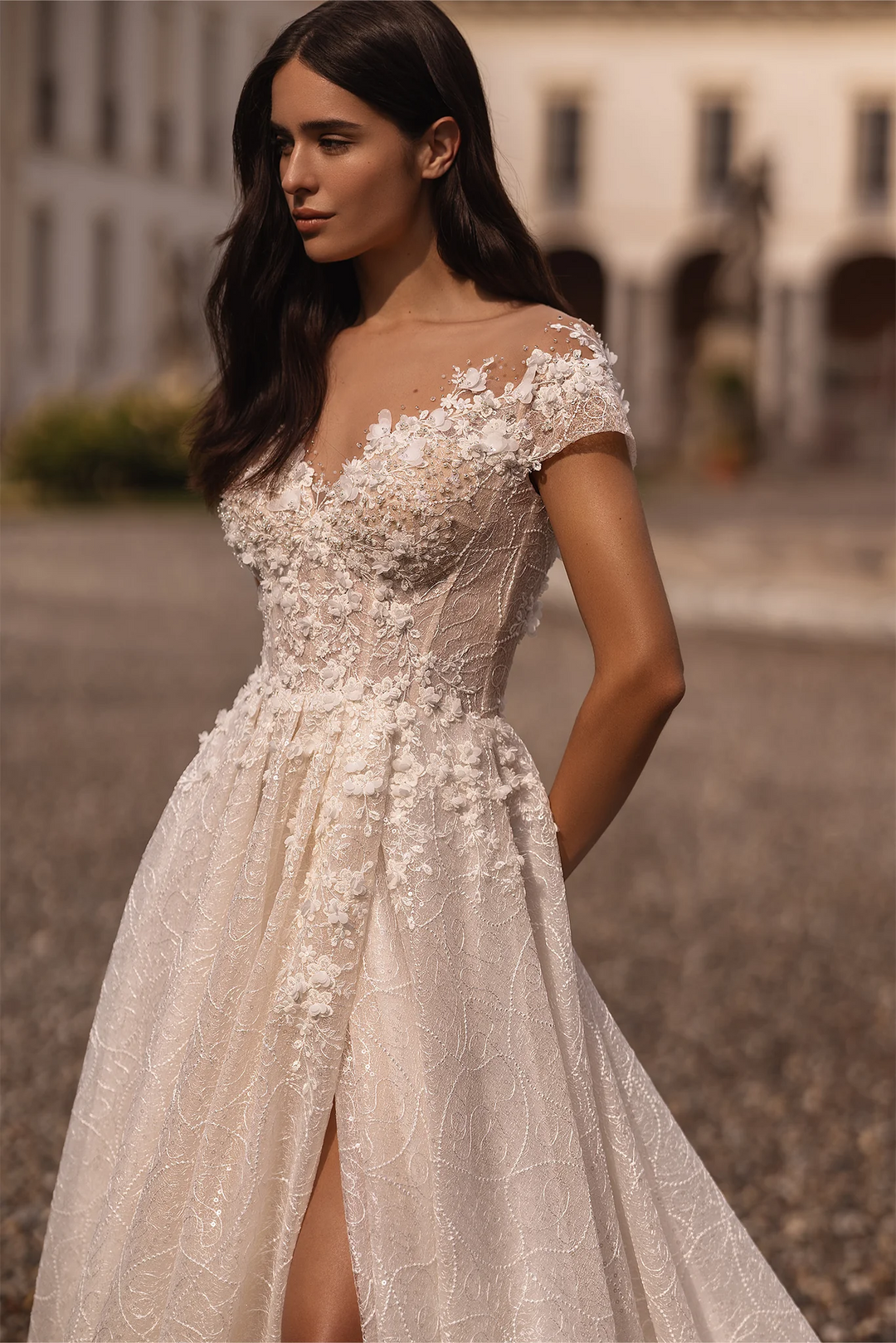 Ivory Lace A-Line Wedding Dress with Thigh Slit and V-Neck – Floral Wedding Dress with Off-Shoulder Plus Size