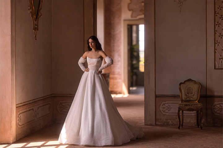 Ivory Sequin Wedding Dress with Off-the-Shoulder Sleeves – Sheer Sleeve Wedding Gown with Flowing Train Plus Size