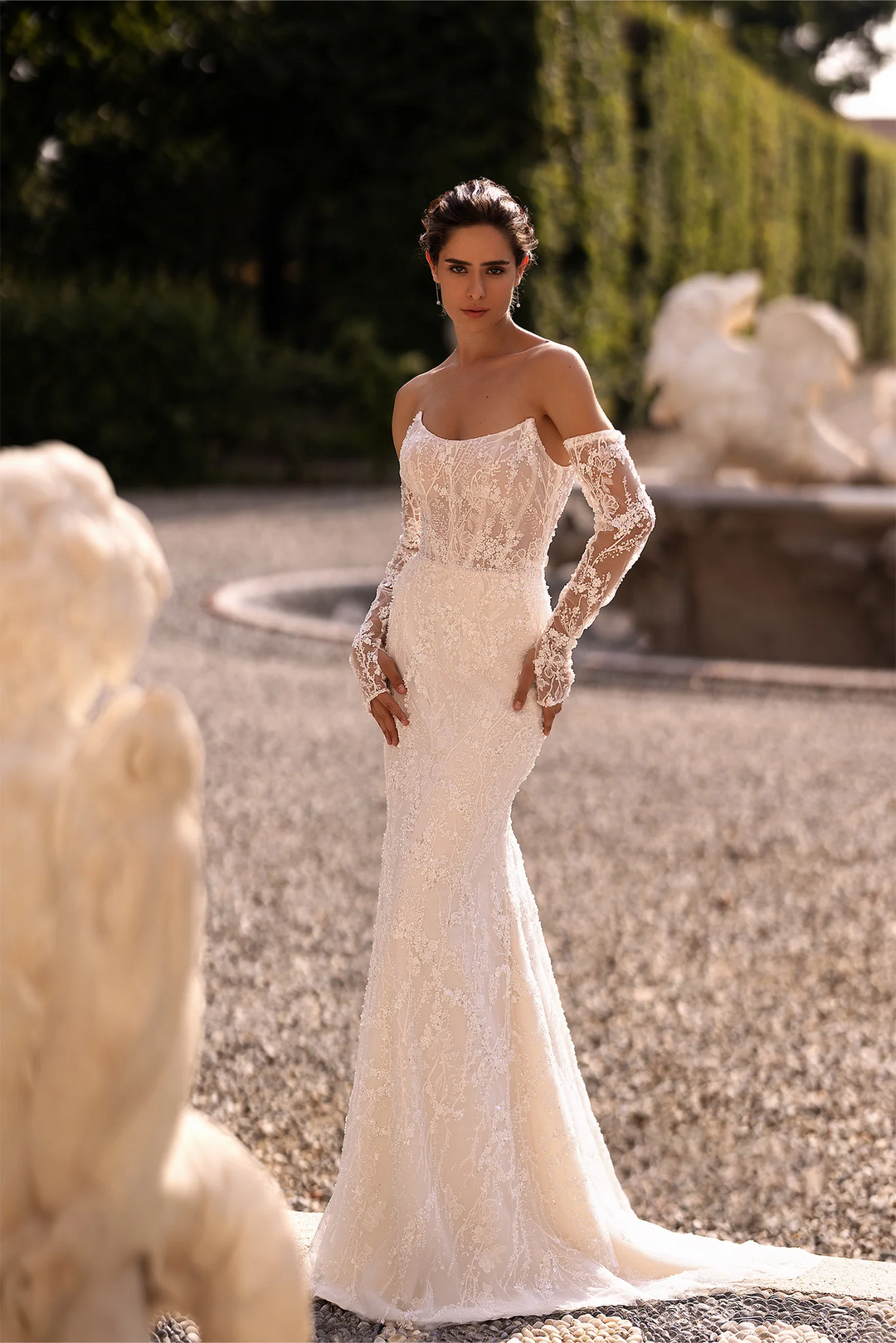 Ivory Tulle Mermaid Wedding Dress with Floral Lace Cape – Sparkly Mermaid Wedding Gown with Fitted Bodice Plus Size