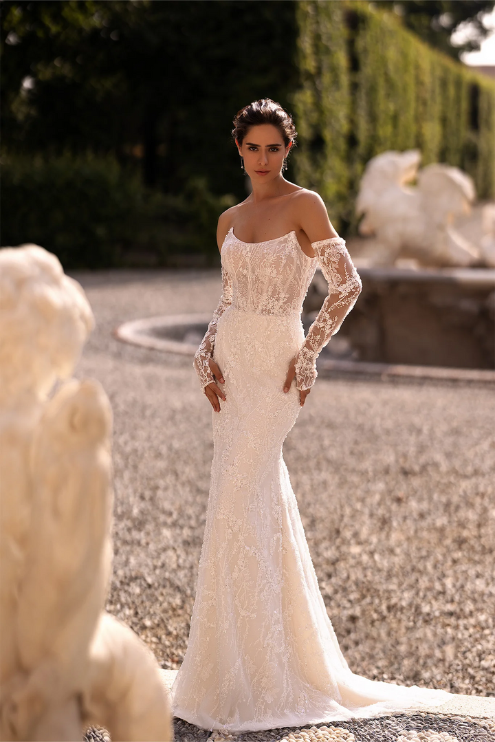 Ivory Tulle Mermaid Wedding Dress with Floral Lace Cape – Sparkly Mermaid Wedding Gown with Fitted Bodice Plus Size