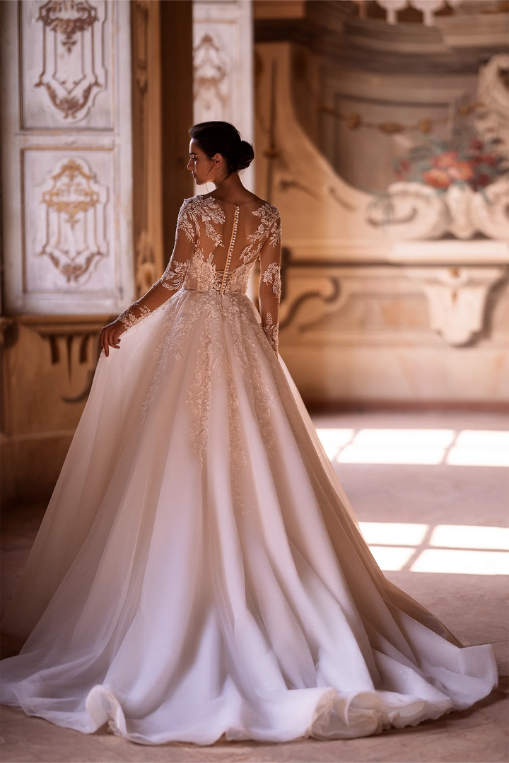 Ivory Long Sleeves Wedding Dress with V-Neck – Floral Wedding Dress with Flowing A-Line Skirt Plus Size