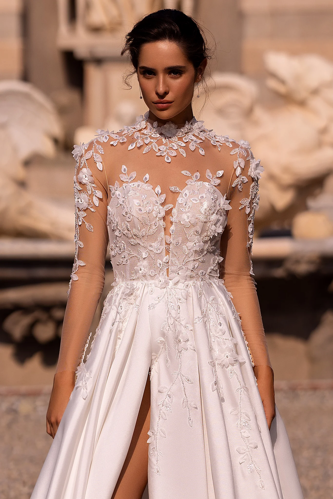 Ivory Satin Wedding Dress with Thigh Slit and V-Neck – Floral Embroidered Wedding Gown with Floral Long Sleeves Plus Size