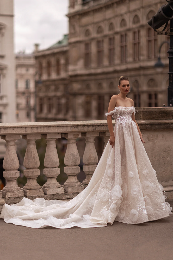 Off Shoulder Wedding Dress with Lace Sleeves – Elegant Wedding Dress with Embellishments and Chiffon Floral Hem Plus Size