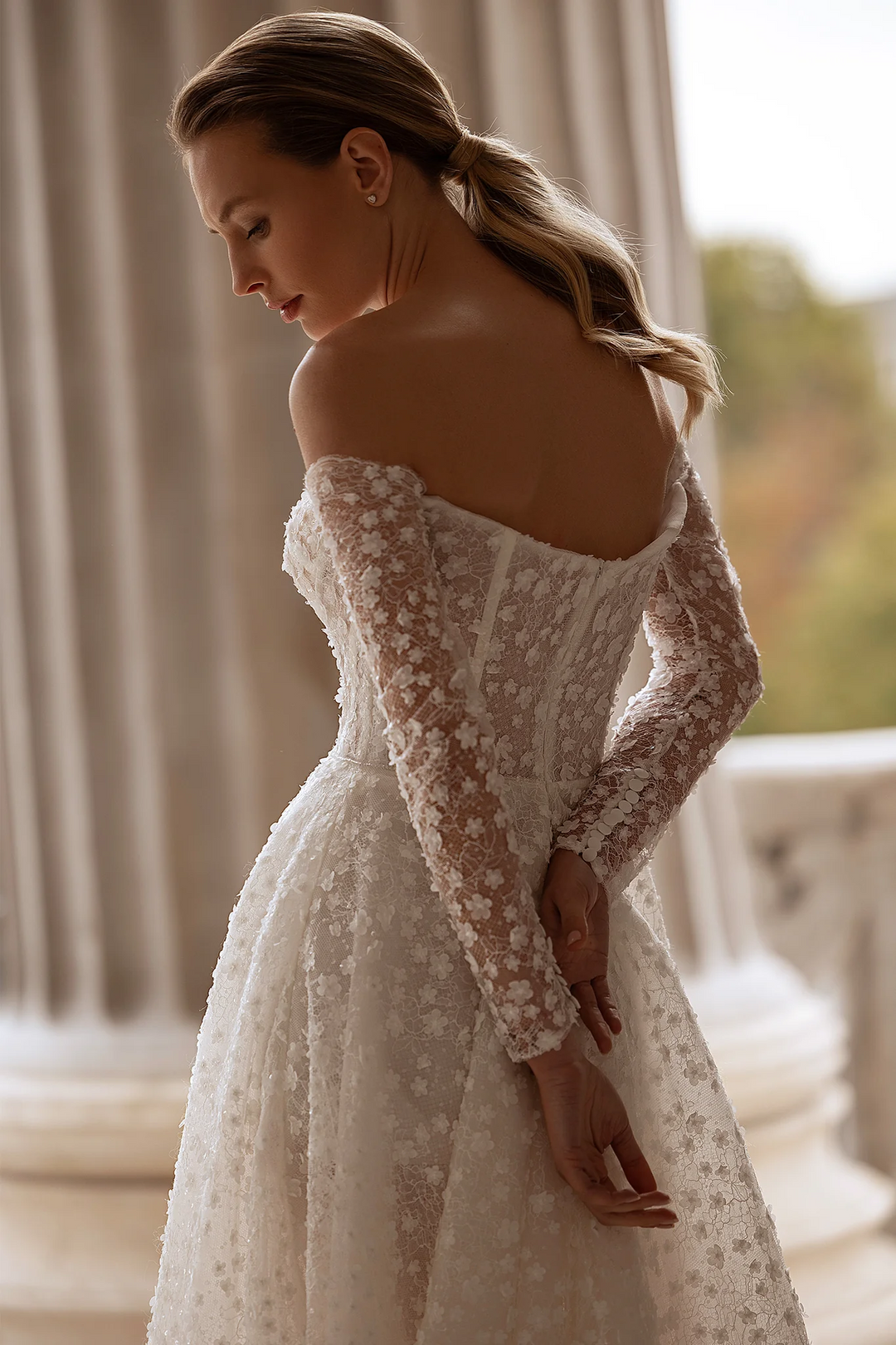 Strapless A-Line Wedding Dress with Lace Long Sleeves – Floral Embellished Wedding Gown with Romantic Details Plus Size