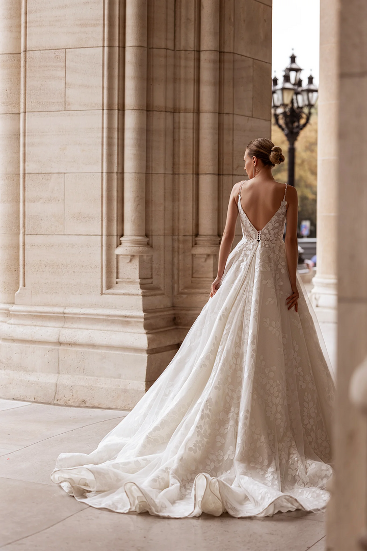 Chiffon Dress for Wedding - Spaghetti Straps Wedding Gown – Leaf Lace V-Neck Bridal Gown with Sparkling Accents Plus Size