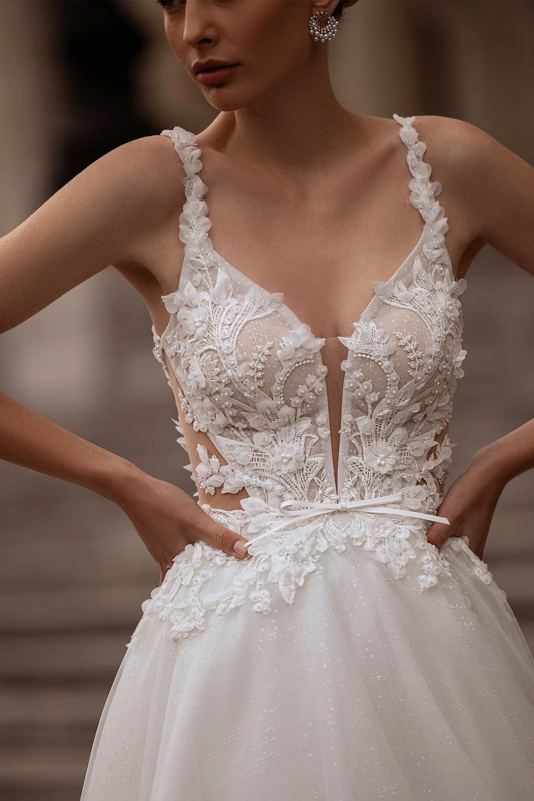 Floral Wedding Dress with Leaf Straps – Chiffon Bridal Gown with Pearl Details and Jewel Embellishments Plus Size