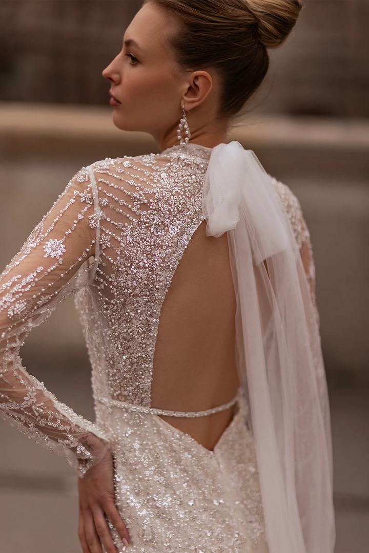 High Neck Wedding Dress for Wedding - Long Sleeves Wedding Dress – Sequin Wedding Gown with Open Back and Bow Train Plus Size