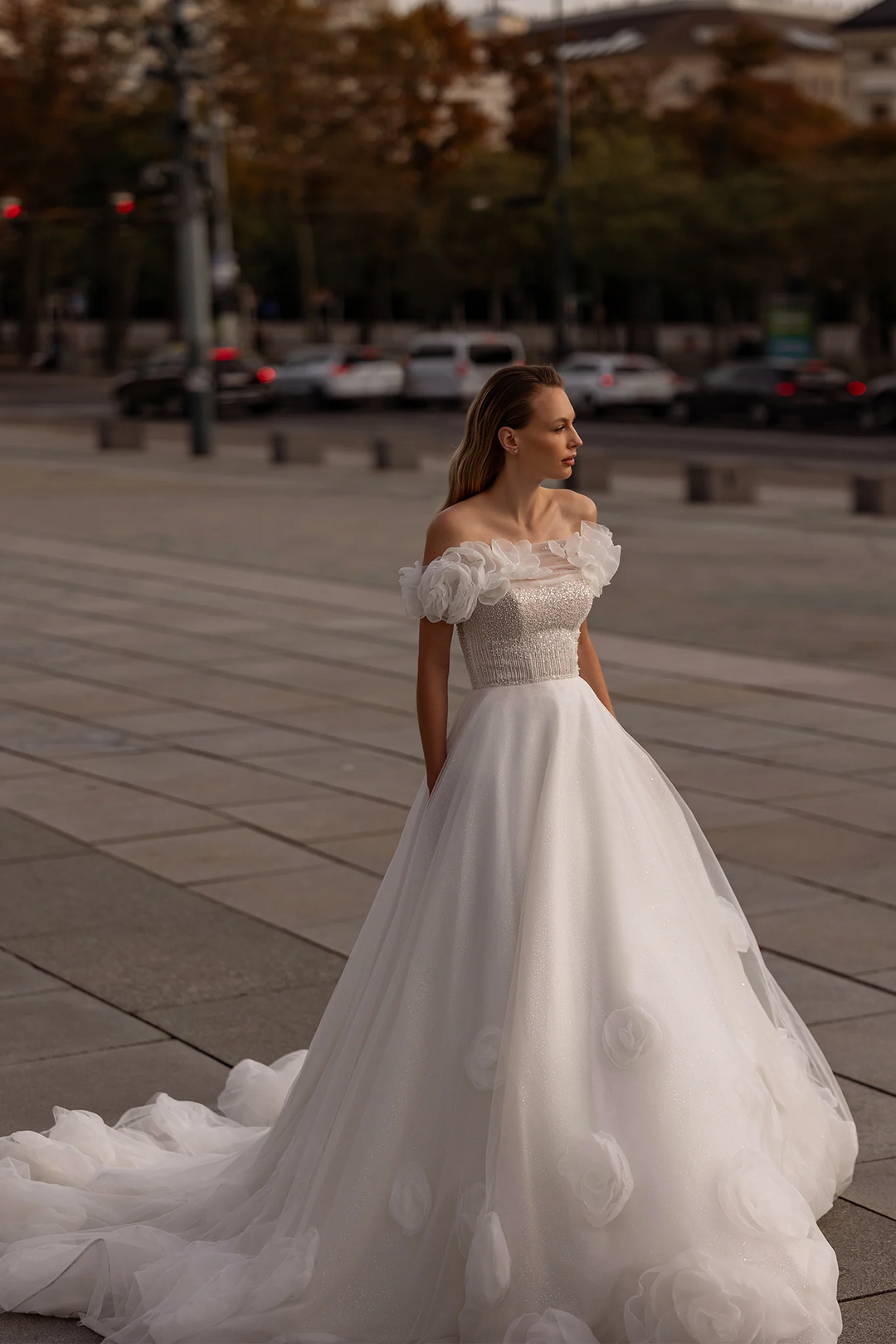 Off Shoulder Wedding Dress with Floral Sleeves – A-Line Tulle Wedding Gown    with Pearl Trim and Peony Appliqué Plus Size