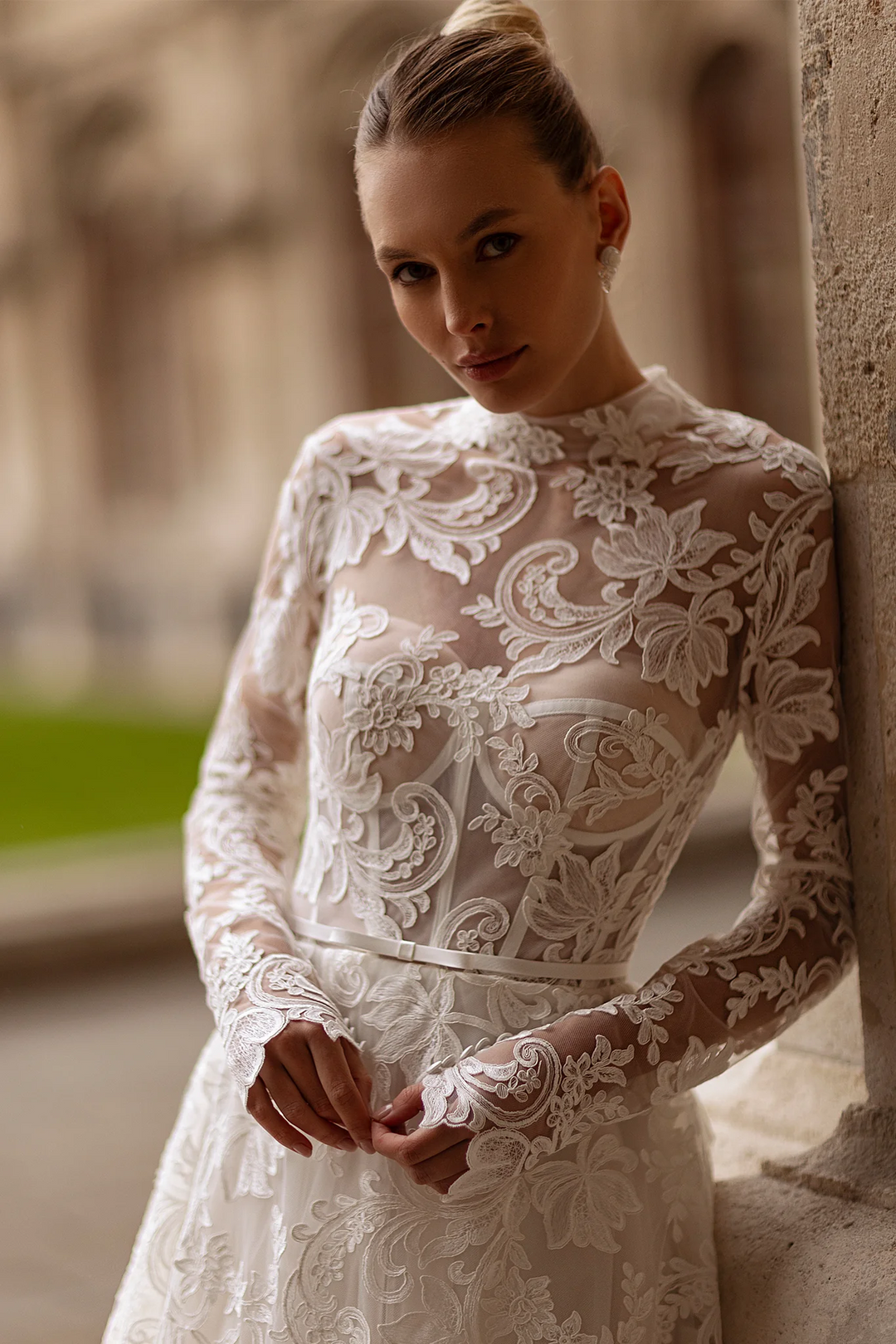 High Neck Wedding Dress with Long Sleeves – Wedding Gown Open Back Lace    with Waist Bow Plus Size