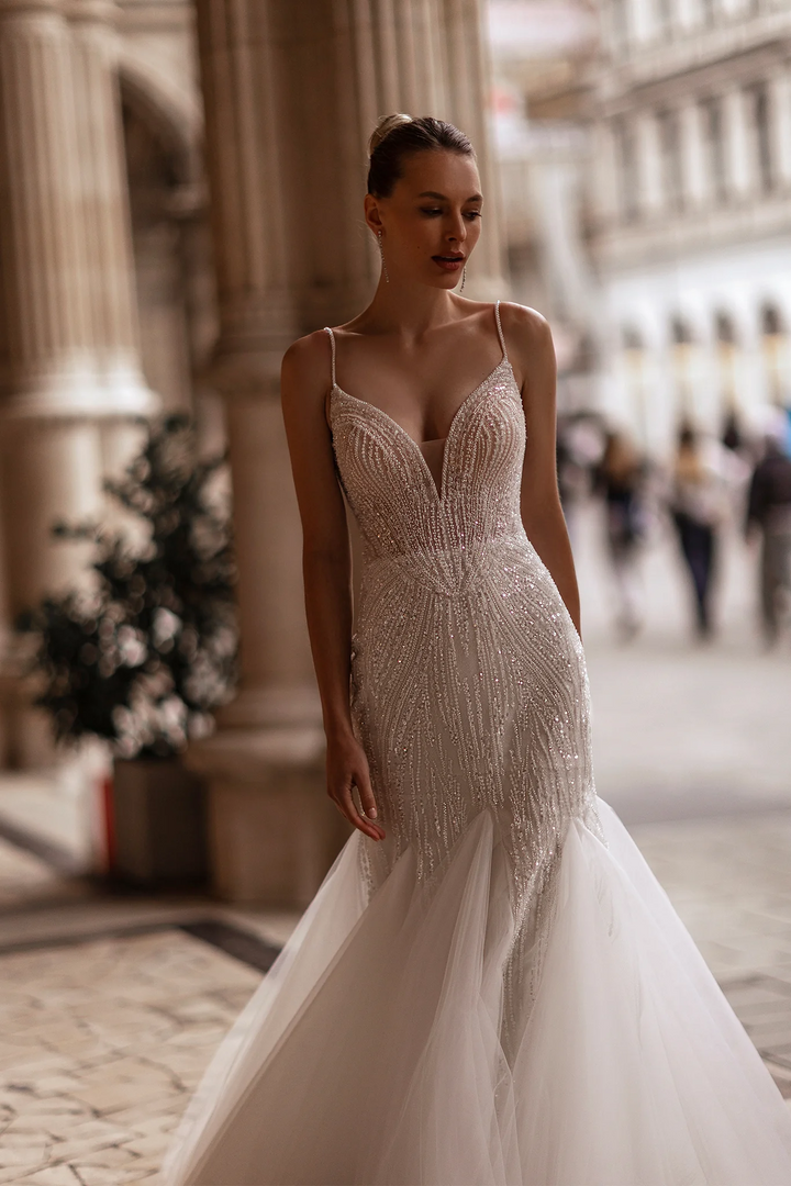 Trumpet Wedding Dress with Long Lace Sleeves – V-Neck Bridal Gown Trumpet Wedding Dress with Spaghetti Straps – Simple Bridal Gown with Pearl Back Straps and Sheer Train Plus Sizewith Rhinestones and Sheer Floral Waist Plus Size
