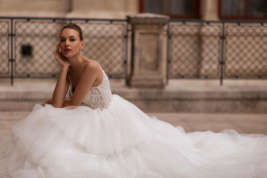 Spaghetti Strap Wedding Dress with Tiered Skirt – Layered Tulle Ruffle Dress with Pearl Leaf Bodice and Sheer Layers Plus Size