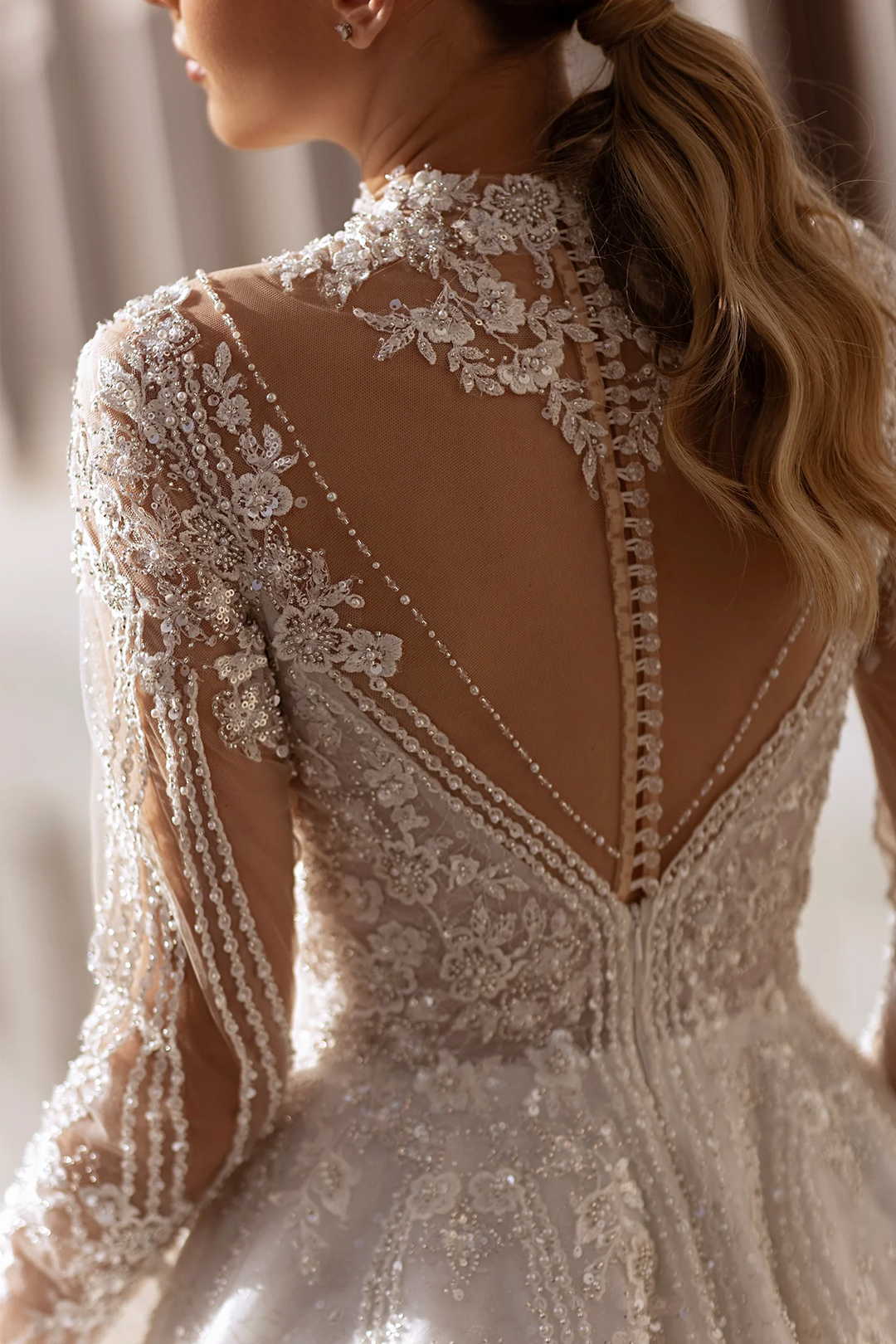 A-Line Wedding Dress with High Neck – Long Sleeves Wedding Dress with Floral Lace and Rhinestone Details Plus Size
