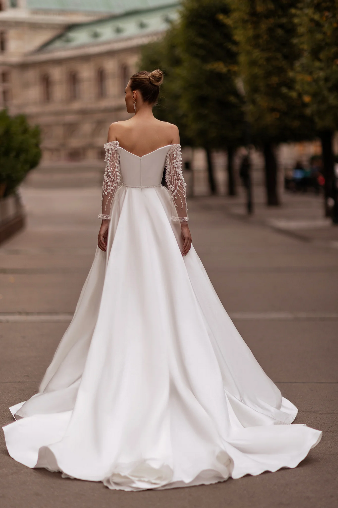 Satin Wedding Dress with Off Shoulder Long Sleeves – Sweetheart Neckline Bridal Gown with High Slit and Pearl Floret Details Plus Size