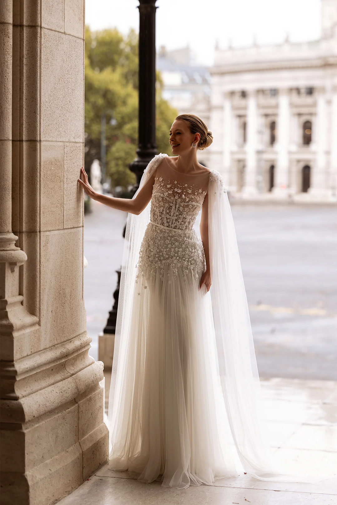 Lace Wedding Dress with Shoulder Veil – Floral Wedding Dress with Pearl Embellishments and Sheer Floral Bodice Plus Size