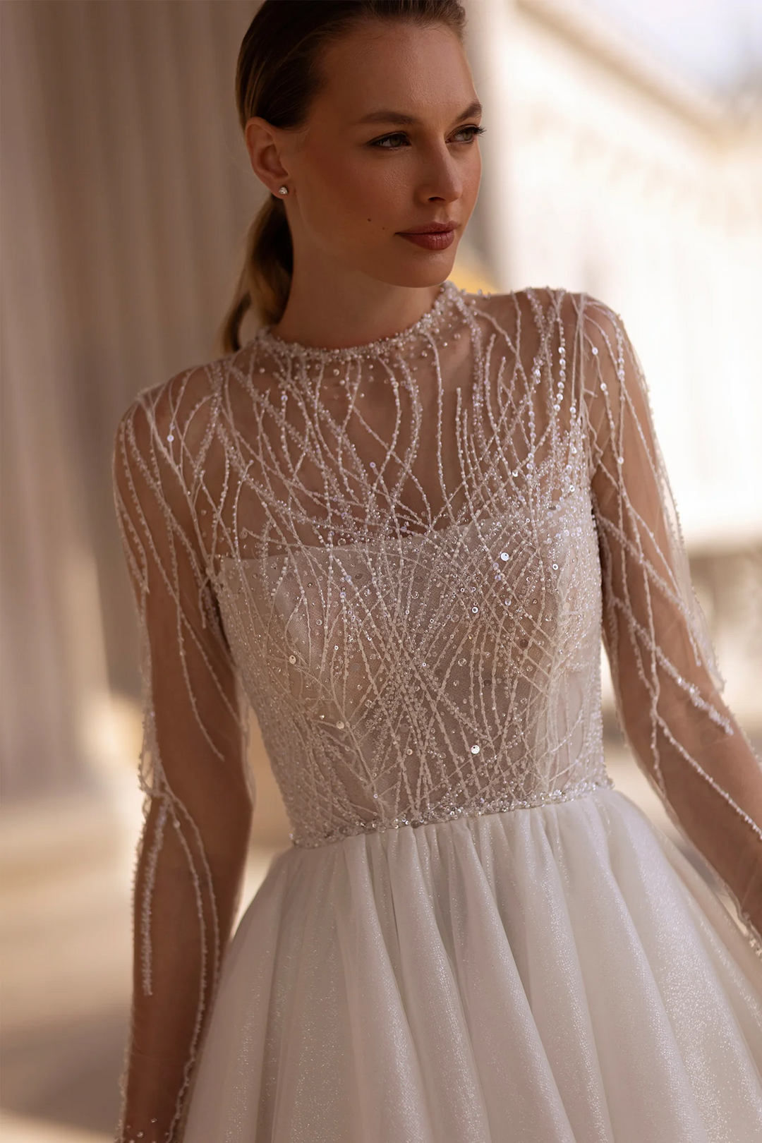 Ballgown Wedding Dresses with Sheer Long Sleeves – Crystal Wedding Dress with Sparkling Skirt and Classic Silhouette Plus Size
