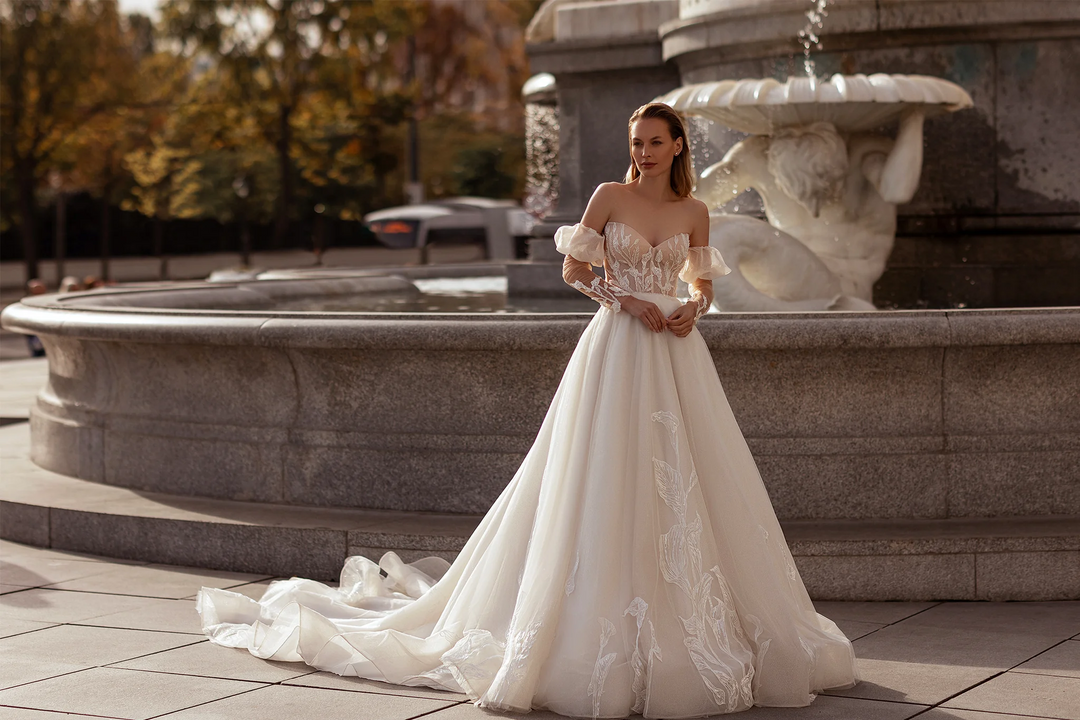Sweetheart Wedding Dress with Long Puffed Sleeves – Floral Wedding Dress with Open Back and Wavy Skirt Plus Size