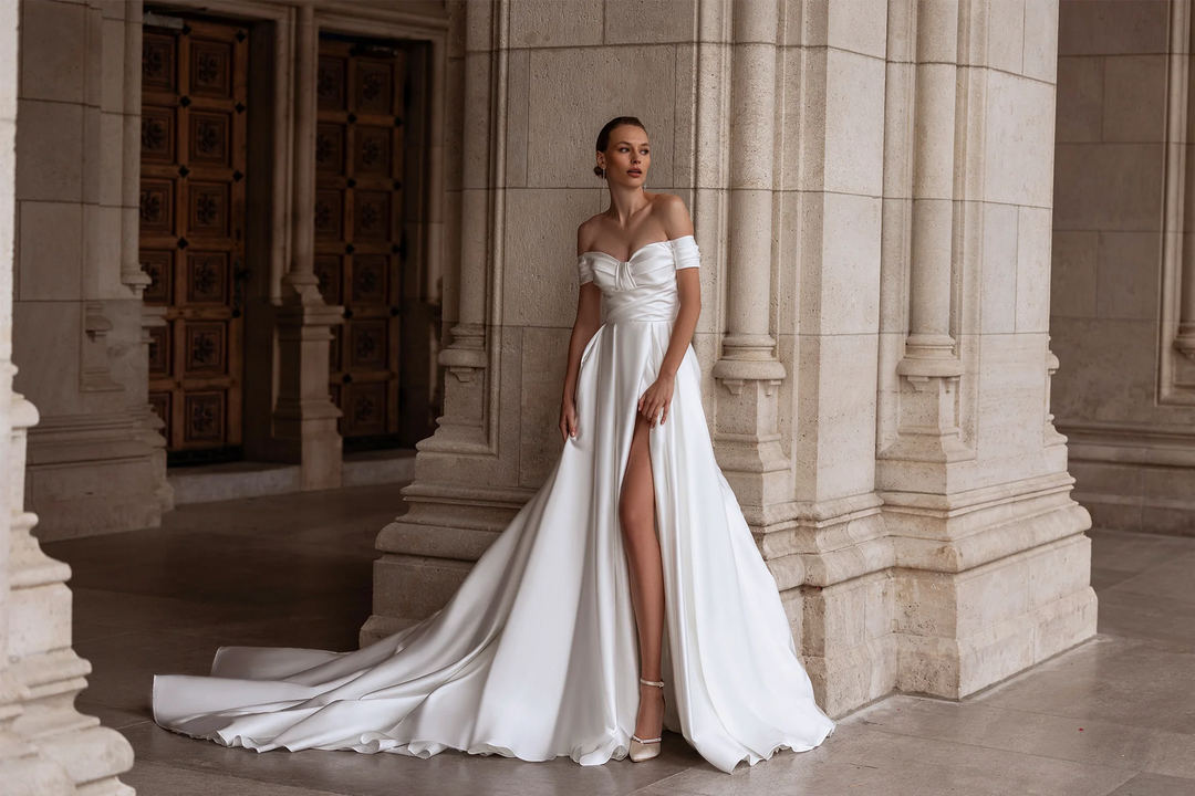 Off Shoulder Wedding Dress with Draped Bodice - Sweetheart Neckline Wedding Dress – Satin Wedding Dress with Romantic Aesthetic Plus Size