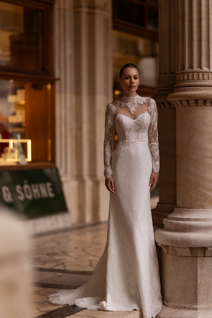 Straight Wedding Dress with Illusion Back – Lace Wedding Dress with Long Sleeves and Sheer Train Plus Size