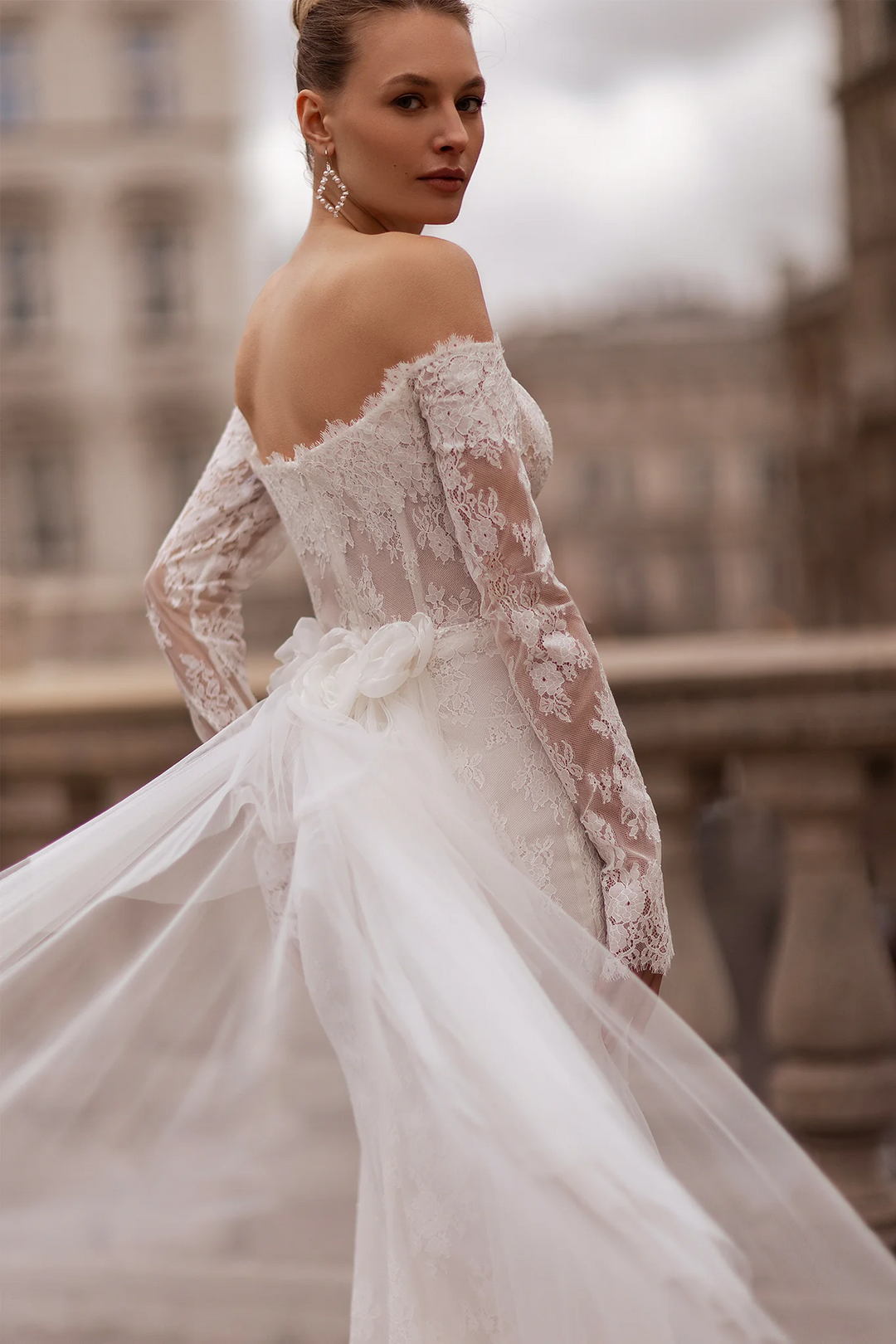 Off Shoulder Wedding Dress with Sweetheart Neckline – Straight Wedding Gown with Sheer Train and Floral Back Detail Plus Size
