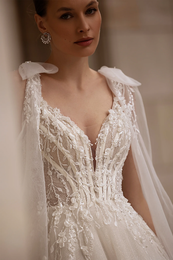 Sleeveless Wedding Dress with Shoulder Bows – V-Neck Bridal Gown with Floral Lace Bodice and Layered Chiffon Skirt Plus Size