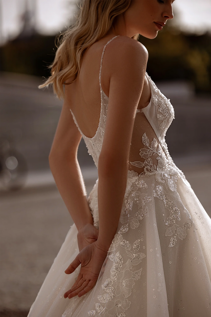 Spaghetti Strap Wedding Dress with Sparkling Lace – A-Line Wedding Dress with Sheer Back and Layered Chiffon Skirt Plus Size
