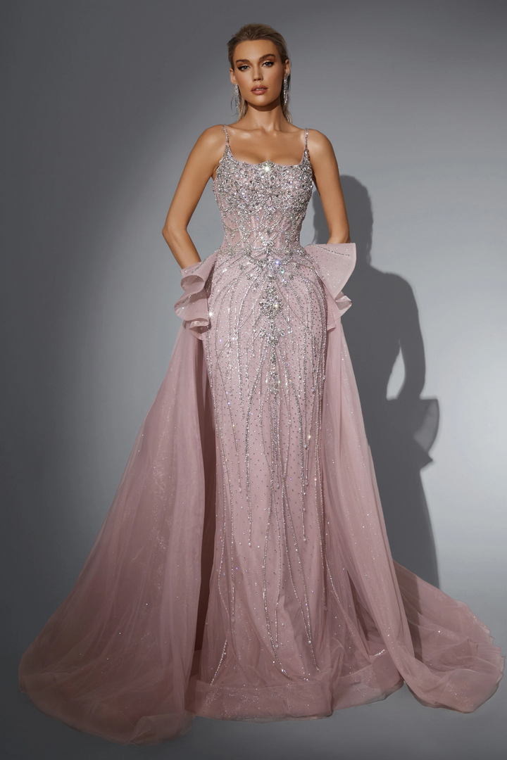Blush Pink Sequin Ball Gown with Illusion Bodice - Designer Sequin Gown with Flowing Tulle Skirt - Pink Sequin Dress Plus Size