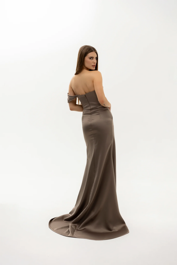Brown Off the Shoulder Evening Dress – Evening Dress Designer with Structured Bodice Plus Size