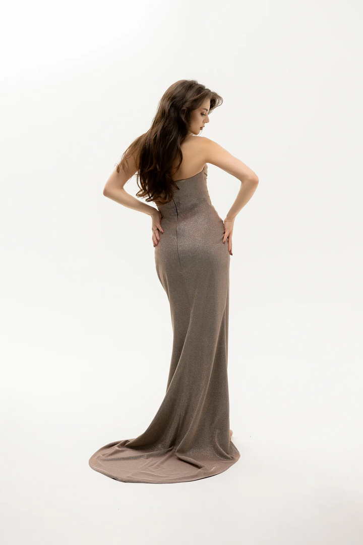 Silver Evening Gown with Sparkling Bodice – Sequin Evening Dress with High Slit - Formal Dresses with Beading Plus Size