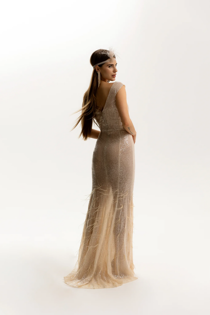 Champagne Evening Gown with Sequin – Sequin and Feather Dress - Form Fitting Formal Dresses  with Glamorous Silhouette Plus Size
