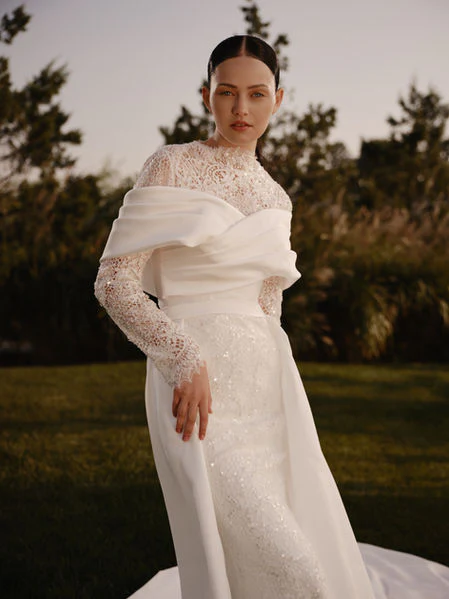 Mermaid Wedding Gown with Mikado Corset and Convertible Overskirt – Long Sleeves Wedding Dress with High Neck Plus Size - Eliana