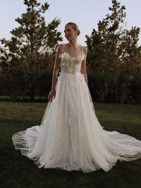A-Line Wedding Gown with Embroidered Lace – Floral Applique Dress with Crystal-Embellished Straps and Sweetheart Neckline Plus Size - Flora