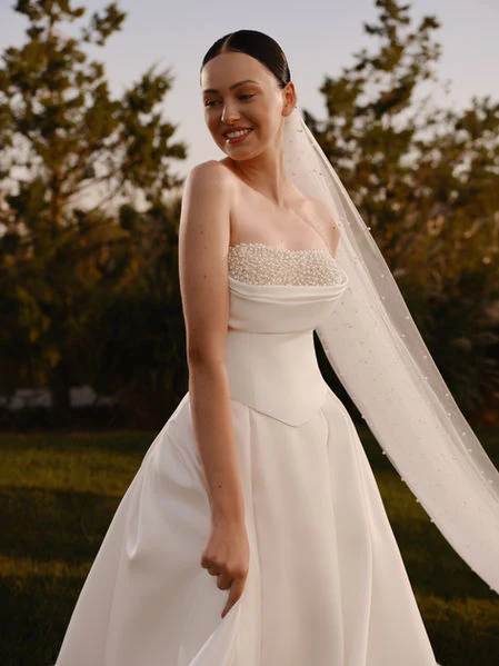 Simple Ivory Wedding Gown with Sculpted Bodice - Simple Wedding Dress with Embroidered Pearl Beading – Long Wedding Gown Train Plus Size - Helia