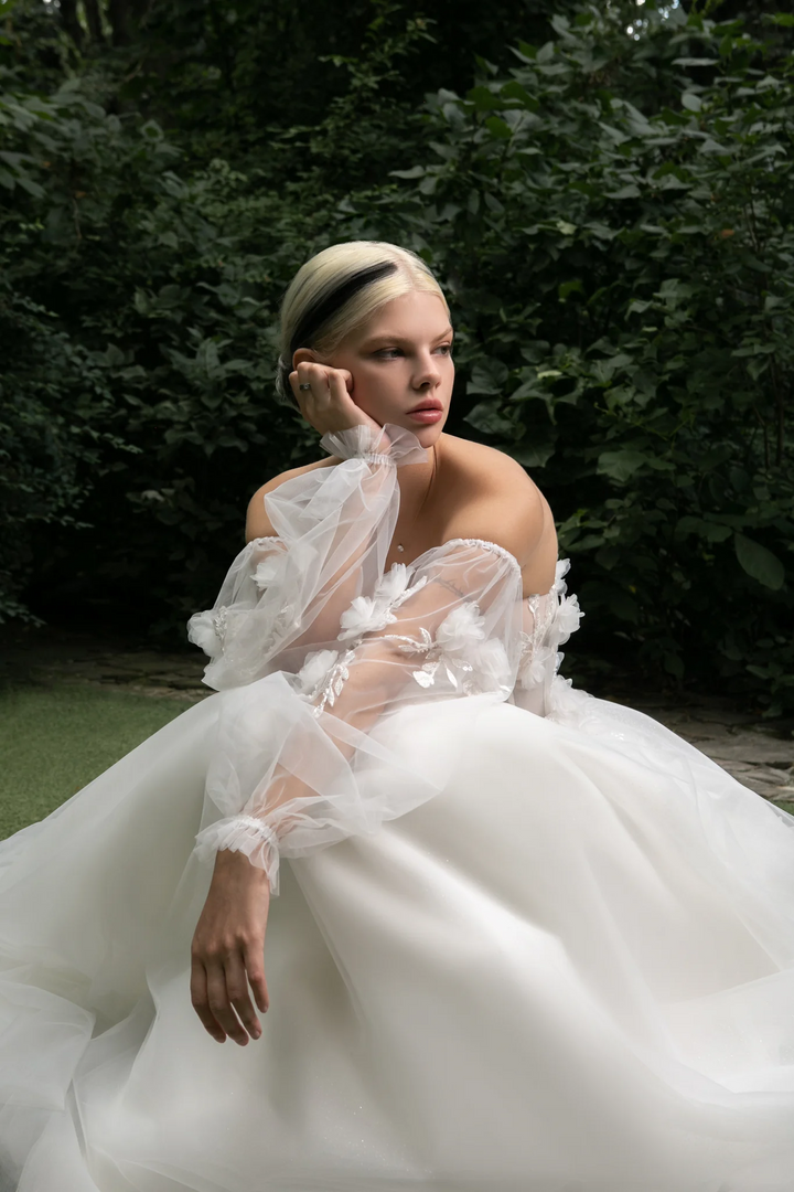 Ivory Tulle Wedding Gown with 3D Flowers – Applique Wedding Dress with Convertible Sleeves and Elegant Train Plus Size - Madalyn