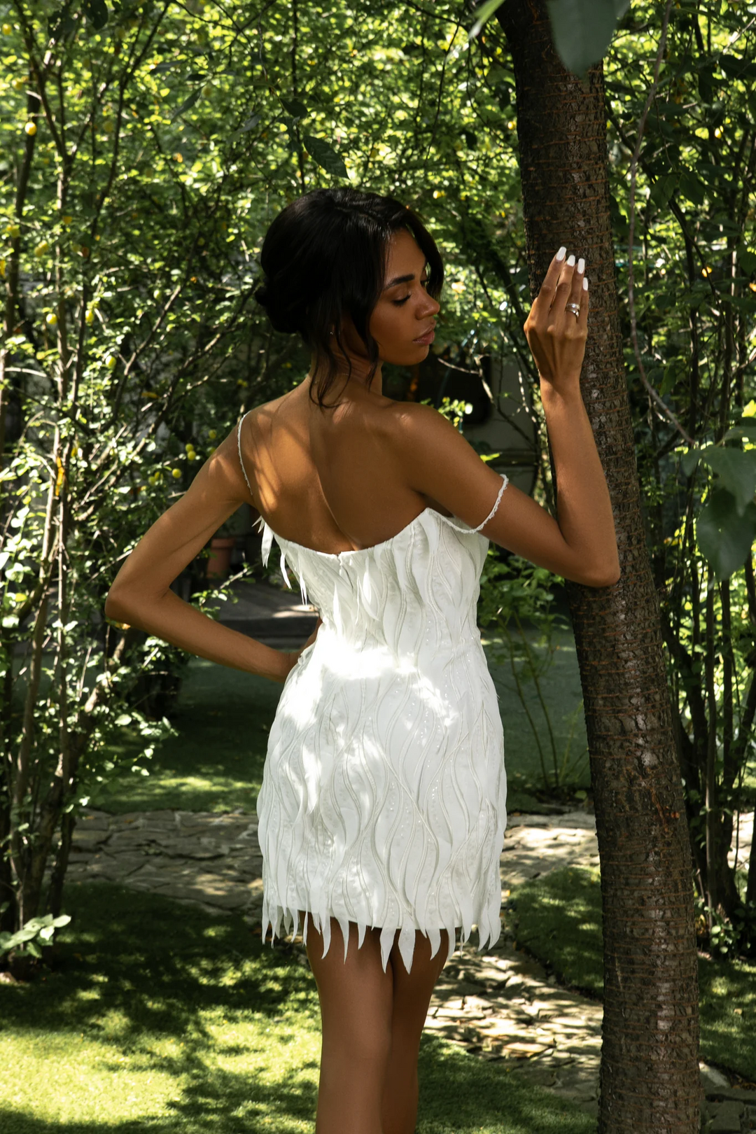 Ivory Short Bridal Wedding Dress with Feather-Like Detailing – Spaghetti Strap Wedding Dress with Zipper Closure Plus Size - Marilyn