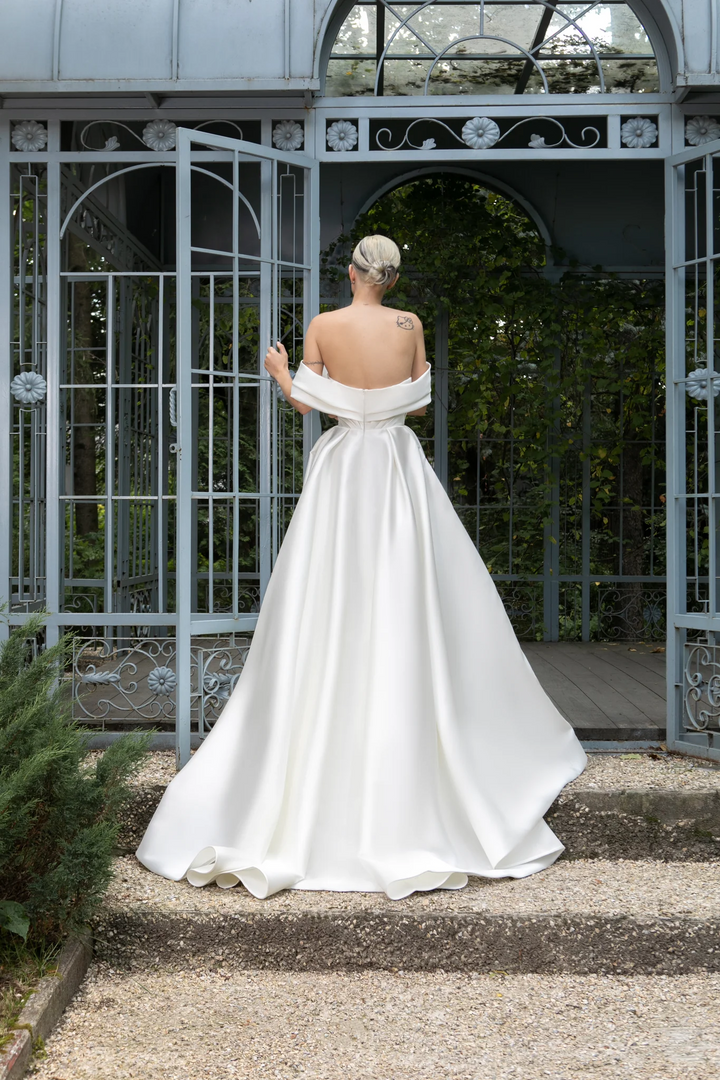 Ivory Elegant Simple Wedding Gown with Mikado and Corset – Off the Shoulder Wedding Dress with Train and Pockets Plus Size - Marlena