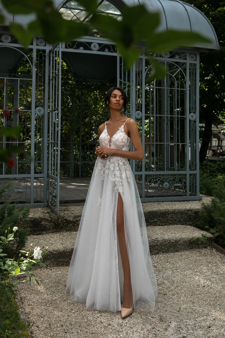 Ivory Wedding Dresses with Lace and Tulle - V-Neck Wedding Dress with Slit – Floral Wedding Dress with Sparkling A-Line Skirt Plus Size - Monroe