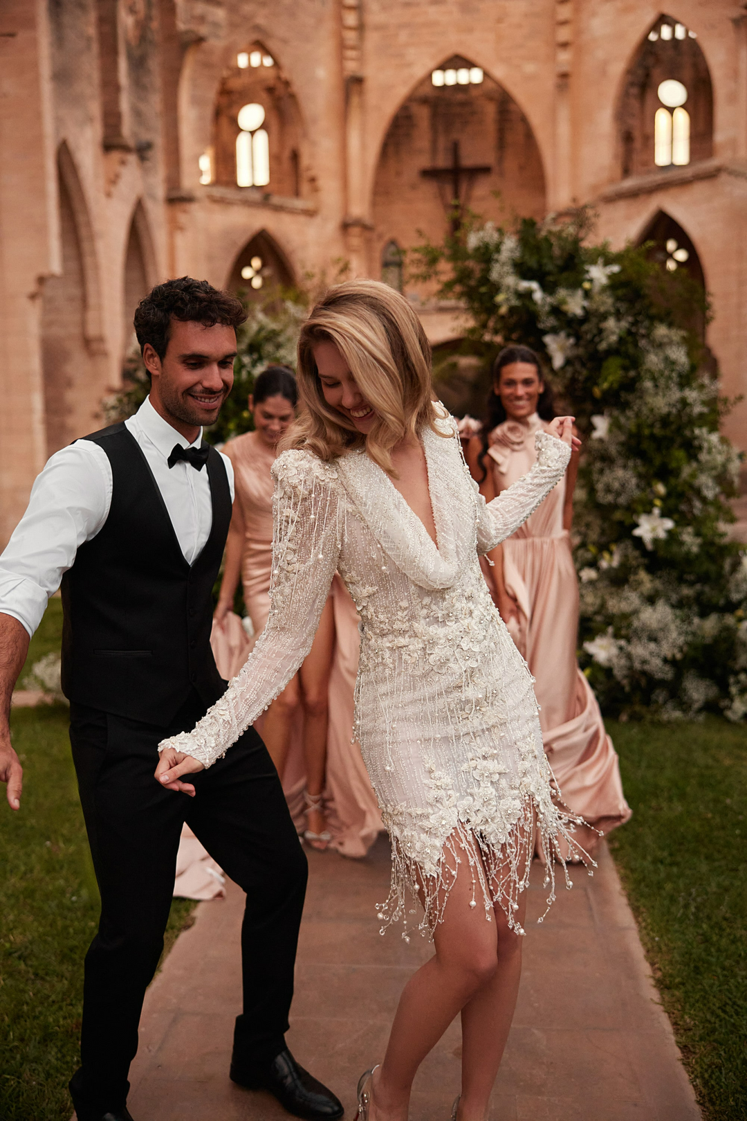 Ivory Short Wedding Party Dresses with Beaded - Lace Wedding Gown Long Sleeve with Cowl Neckline Plus Size