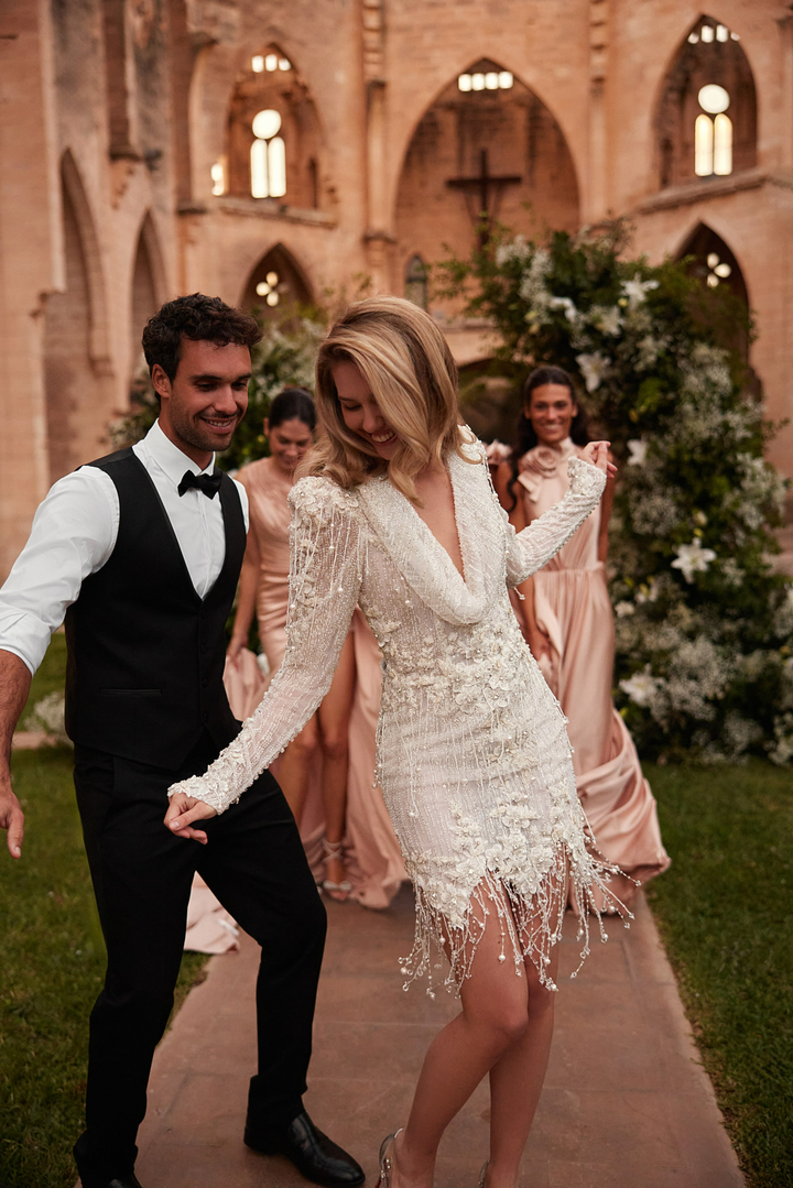 Ivory Short Wedding Party Dresses with Beaded - Lace Wedding Gown Long Sleeve with Cowl Neckline Plus Size
