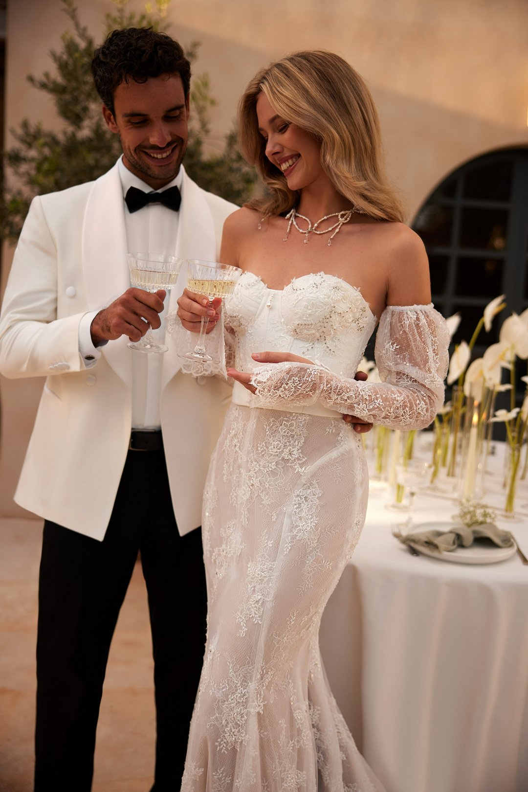 Nude Off Shoulder Wedding Dress with Sheer Lace Sleeves - Lace Corset Back Wedding Dress Plus Size