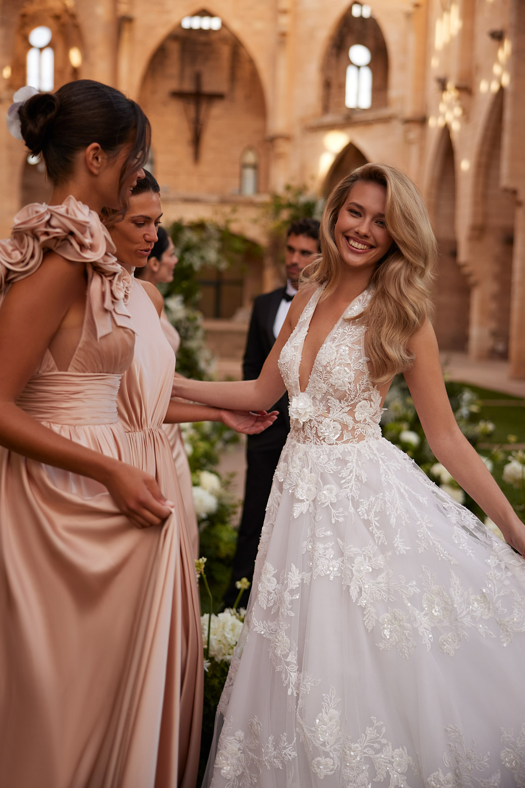 Ivory A Line Ball Gown Wedding Dress with Plunging Halter Neck - Wedding Dress with Tullea with 3D Floral Lace Plus Size
