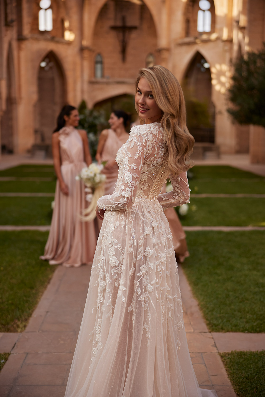Nude Floral Wedding Dress with 3D Lace Appliqué - Long Sleeves Wedding Gown with Tulle Plus Size